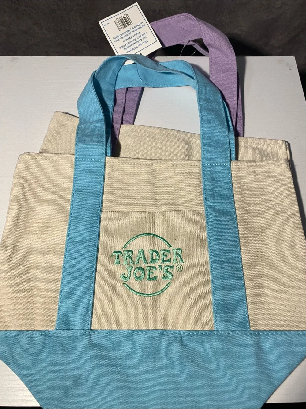 Trader Joes Mini Canvas Tote Bag Set Light Blue and Purple Lavender NWT